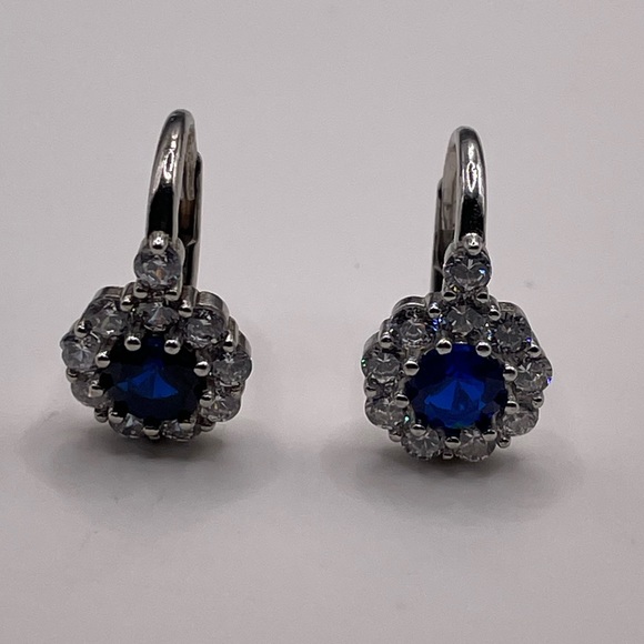 925 Sterling Silver Stimulated Sapphire Diamond Dangle Latched Back Earrings - Picture 4 of 8